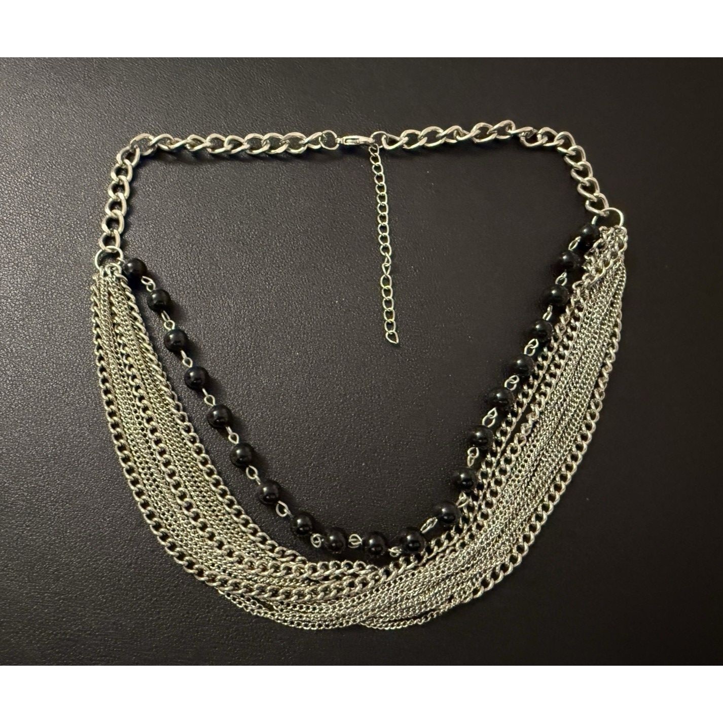 Multi Strand Chain & Black Beaded Layered Silver Tone Necklace 20